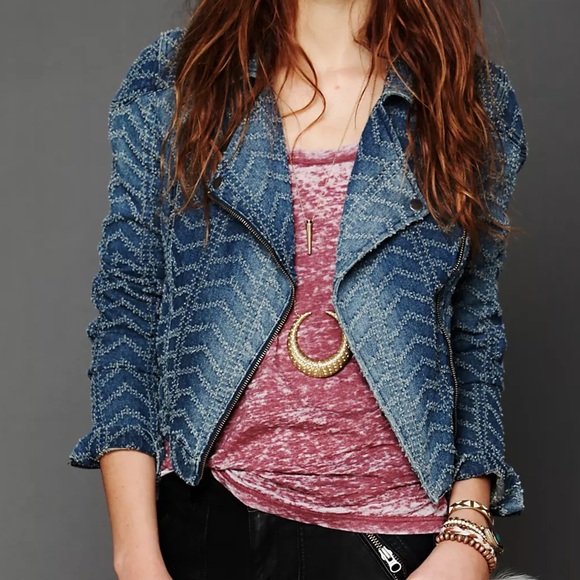 Free People denim motorcycle jacket - Picture 2 of 11